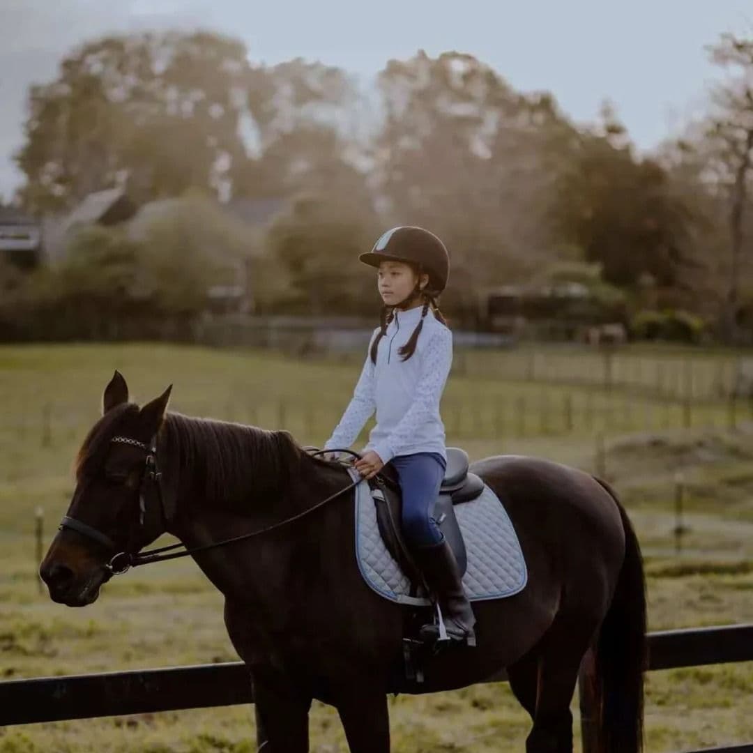A rider sitting on a dark horse beside the paddock fence in evening light
