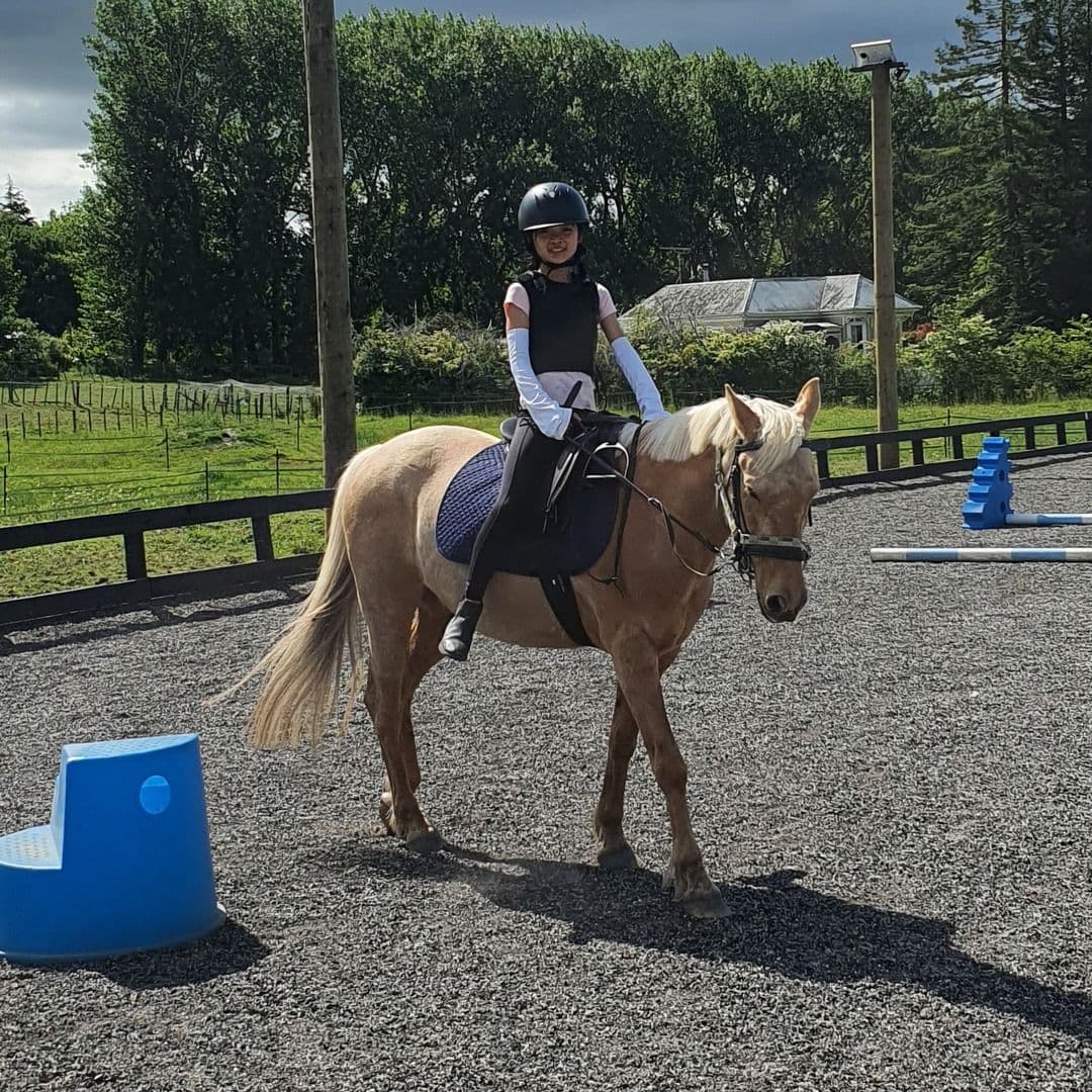 A rider walking a palomino pony across the arena